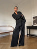 Women Black Sequin Embroidery Blazer 2 Piece Set Full Sleeve Lapel V-neck Coat Wide Leg Pants Suit Lady Spring Outfits