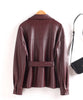 Women Split Leather Blazer With Slim Waist Belt Spring Autumn Notched Collar Loose Leather Jacket Female Coat