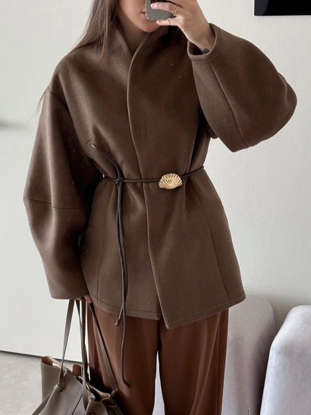 Chic Women's Solid Woolen Coat Elegant Full Sleeves Waist Tie Loose Outfit Autumn Commuting Daily Lady Street Jacket