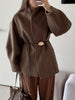 Chic Women's Solid Woolen Coat Elegant Full Sleeves Waist Tie Loose Outfit Autumn Commuting Daily Lady Street Jacket