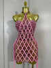 Women Sparkly Diamonds Pink Mesh Transparent Top Dress Two Piece Set Sexy Evening Party Celebrate Birthday PhotoShoot Stage Wear