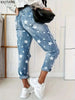Boyfriend Jeans Women's Slim Fit Ripped Jeans Women's Five-pointed Star Ripped Jeans Street Casual Blue Jeans
