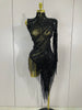 Stage Costume Sparkly Rhinestones Tassel Sexy See-Through Dress Women One Shoulder Latin Dance Bars Nightclub Party Outfits