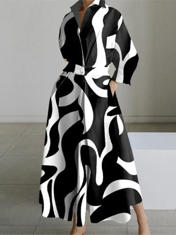 Women Elegant Shirt Dress Spring Autumn Long Sleeve Solid Color Print Maxi Dresses Casual Office Lady Dress Vestidos