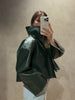 Beige Croc Leather Cropped Jacket Y2k Stand Collar Long Sleeve Wide Cuff Oversize Coat Autumn Street Daily Casual Outerwear