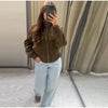 Vintage Faux Suede Jackets Women's Slim Full Sleeves Zipper Stand Collar Cropped Coats Ladies Autumn Solid Streetwear