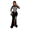 Women Full Sleeve Diamonds Mesh Rhinestones High Side Split Mermaid Maxi Long Dress Evening Sexy Party Dresses Vestidos