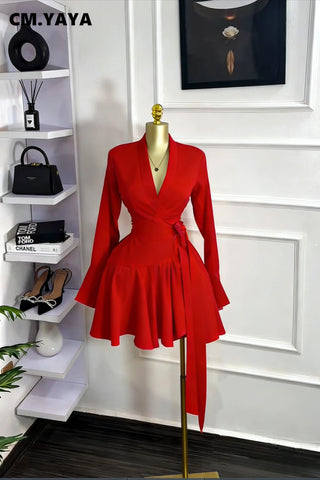 Spring Women Flare Long Sleeve V-neck Sashes Ruffle Mini Dress Street Elegant Sexy Vacation Party Birthday Dresses