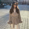 Elegant Lace Up Woolen Coat Women Furry Lapel Fur Patchwork Belt Loose Short Jacket Female Lady Autumn Winter Cardigans
