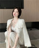 French White Tweed Crop Jacket for Women Autumn Elegant Slimming Decor Button Coat Woman Round Neck Long Sleeve Outerwear