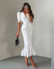 Women White Floral Print Puff Sleeve Blazer Collar Peplum Mermaid Midi Dress Elegant Casual Gown Bridesmaid Wedding Sundress