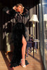 Women's Elegant Mesh Plus Size Dress Sheer Lantern Sleeve Polka Dot Layered Split Hem See Through Long Dresses