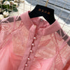 Women Elegant Floral Emboridery Dress Hollow Out Long Sleeve Single Breasted Belt French Court Chic Short A Line Dress