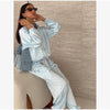 Women Frog Button Satin Jacket Lattern Pants Set Stand Collar Long Sleeve Top Wide Leg Pant Loose Fit Suit Summer Casual Outfits