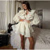 Solid Ruffle Mini Dress U Neck Long Puff Sleeve Tie Neck Tiered Hem Sweet Style Gown Soft Pastel Tones Chic Women Outfit
