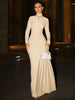 Autumn Elegant High Collar Long Sleeve Ruched Slim Fit Long Dress Women'S Solid Casual Party Club Street Clothes