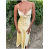 Solid Color Satin Bustier Women Maxi Dress Yellow Spaghetti Strap V Neck Waist-cinching Dresses Party Vestidos