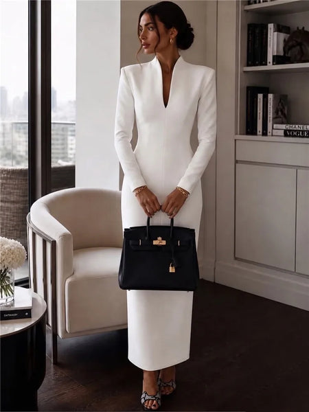Women's Evening Party Elegant Long Dress Solid V-Neck Long Sleeve Sheath Bodycon Maxi Dresses White Black Clothing
