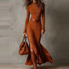 Casual O-neck Long Sleeve Suede Party Dress Elegant Side Split Solid Slim Long Dress Women With Belt Tie-Up Maxi Dress