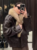 Ladies Winter Retro Fur Collar Leather Jacket V‑Neck Full Lapel Long Sleeve Double Breasted Urban Warm Casual Outer