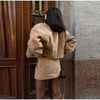 Women Faux Suede Two Piece Set Stand Collar Covered Button Long Sleeve Cropped Jacket High Waist Mini Skirt Vintage Casual Suits