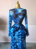 Women Floral Tie Dye Print Stacked Ruched Long Sleeve A-line Maxi Long Dress Birthda Party Education Dresses