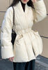 Lagabogy Winter Belt Waist-Tight Elegant Warm 90% White Duck Down Jacket Female Long Sleeve Solid Color V-neck Puffer Coat