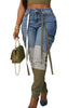 Women High Waist Skinny Jeans Patchwork Spliced Ribbon Decor Cargo Pocket Slim Denim Pants Autumn