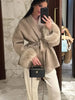 Elegant Lace Up Woolen Short Coat Solid Loose Lapel Furry Long Sleeve Belt Waist Jacket Spring Autumn Lady Chic Cardigan