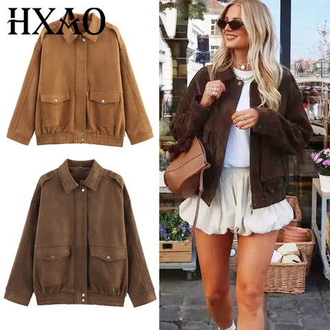 Women's Bomber Jacket Autumn Suede Crop Outerwears Khaki Darkkhaki Coats Coats & Jackets Chic Long Sleeve Tops