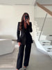 Women's Black Blazer Pants Set With Feather Cuffs Lapel Long Sleeve Button Jacket Wide Leg Pants Lady Chic Outfits