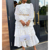 Elegant Women Ruffles Midi Dresses Dot Printing Long Sleeve Buttons Up Ball Gowns French Style Female Chiffon Dress
