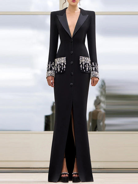 High Street Designer Women's Long Sleeve Notched Collar Rhinestone Diamonds Beading Maxi Long Dress