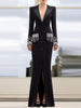 High Street Designer Women's Long Sleeve Notched Collar Rhinestone Diamonds Beading Maxi Long Dress