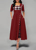 Women's Irregular Lattice Patchwork Long Dresses Vintage Buttons O Neck Half Sleeves Casual Lady Commuting Dress