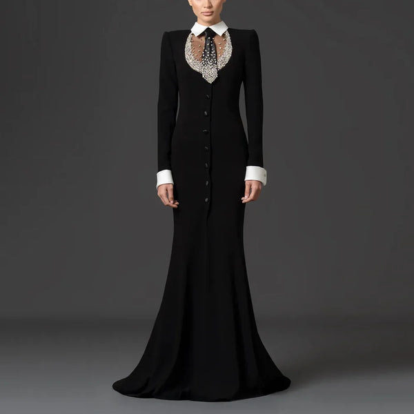 High Street Designer Formal Dresses Women's Shirt Collar Diamonds Beaded Maxi Long Dress