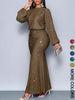 Shiny Women's Dress Spring Autumn O-neck Long Sleeve Slim Hips Banquet Long Dress Female Pleated Party Fishtail Dresses