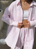 Loose Pink Stripe Trousers Set 2 Piece Woman Elegant Long Sleeve Blouse With High Waist Wide Pants Set Female