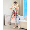 Elegant Plant Floral Printing Pleated Women's Dress Chic Round Collar Lantern Sleeve Elastic Loose Casual Dresses