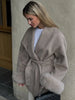 Elegant Lace Up Woolen Coat Women Furry Lapel Fur Patchwork Belt Loose Short Jacket Female Lady Autumn Winter Cardigans