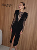 Eelgant Lace Women's Dress Patchwork Long Sleeves Autumn Party Slim Fit Sheath Velvet Sexy Split Female Vestidos