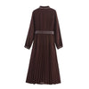 Women Brown With Belt Pleated Midi Dress Front Button Long Sleeve Chiffon Autumn Dresses Female Office Vestidos