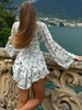White Print Women's Dress Elegant V-Neck Ruffled Long Sleeve Dresses Autumn High Waisted Pleated Mini Dresses