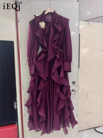 Purple Dress Women Bow Collar Ruffles Lace Up Waist Long Sleeves Embroidery Dresses Autumn 3A555