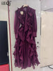 Purple Dress Women Bow Collar Ruffles Lace Up Waist Long Sleeves Embroidery Dresses Autumn 3A555