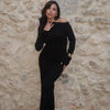 Elegant Slanted Collar Bodycon Maxi Dress Women Long Sleeve White Black Evening Party Robes Streetwear Female Dresses