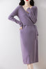Women V-neck 100% Merino Wool Dress Sweater Autumn Winter Crossing Lace-up Long Sleeve Pullover Knit Skirt Office Lady Knitwear