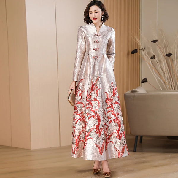 Women Long Sleeve Jacquard Dress Floral Long Dress Girls Evening Events Party Dress Chinese Style Photograph Vintage