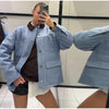 Casual Blue Multiple Patch Pocket Jacket Women Chic Corduroy Collar Single Breasted Short Coat Lady Daily Spring Wear