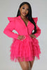 Vintage Women Single Breasted Notched Neck Puff Long Sleeve Mesh Cascading Ruffles Big Swing Blazer Dress Chic Vestidos